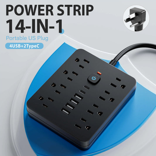 14-in-1 US Power Outlet, Extension Cord, 5ft Corded Power Outlet Surge Protector, 8 AC Outlets, 4 USB 2 Type-C, Desktop Charging